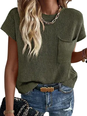 Produktbild von Damen-Strickwaren für Sommer und Herbst – Kurzarm, Rundhalsausschnitt, gerippter Westenstil