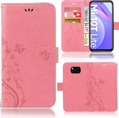 Produktbild von Handy Tasche für Xiaomi Mi 10T Lite Schutz Hülle Handyhülle mit Blumenmuster Klapp Hülle mit Standfunktion und Kartenfächer Farbe: Rosa