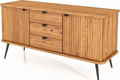 Produktbild von Kommode Tula Wildeiche massiv 144x46x72 mit 3 Schubladen 2 Türen Riffelfront