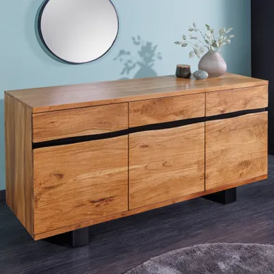 Produktbild von Massives Sideboard MAMMUT 160cm Akazie Kufenbeine aus Metall Baumkante Kommode Massivholz Anrichte Akazienholz