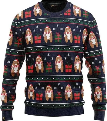 Produktbild von JAP Christmas Bär und Geschenk - Lustiger Hässlicher Weihnachtspullover Für Damen und Herren Ugly Christmas Sweater - Blau - 2XL