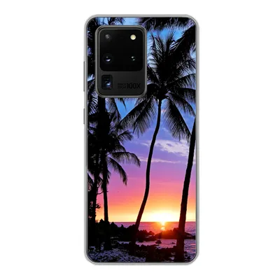 Produktbild von MuchoWow® Handyhülle Schutzhülle Hülle für Samsung Galaxy S20 Ultra Der farbenprächtige Sonnenuntergang hinter einer Reihe von Palmen auf Hawaii Silikon Softcase Handy Hülle - Karteninhaber