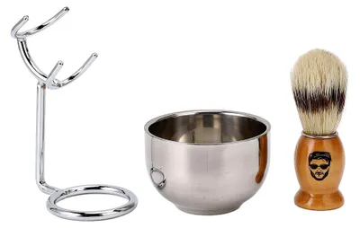 Produktbild von Bartbürsten-Set für Männer, Rasierpinsel-Set für Männer, 3-in-1-Rasierset mit Bürste, Ständer und Seifenschale, Gesichtspflegegerät für Reisen und Zuhause, Edelstahlgriff und