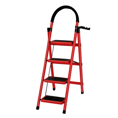 A red step stool with a black handle against a white background.