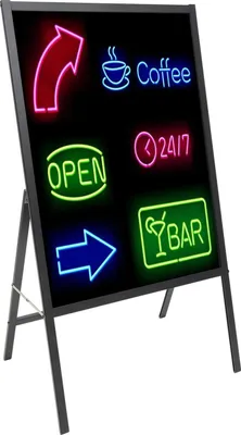 Image de Tableau d'écriture LED - Tableau de menu sur pied - Verre trempé - 60 x 80 cm - 8 marqueurs fluorescents - Noir