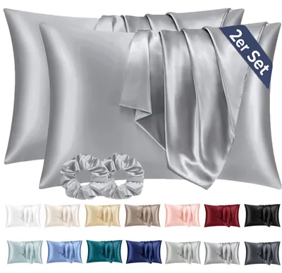 Produktbild von Set mit 2 Satin-Kissenbezügen, 40 x 80 cm, grau, seidenweich und pflegeleichter als Seidenkissenbezüge. Inklusive 2 Haargummis.