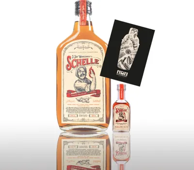 Produktbild von Die Schelle 0,5L (33% Vol) + 1x Schelle Miniatur 4cl GRATIS - Pikanter Kräuterlikör mit Chili