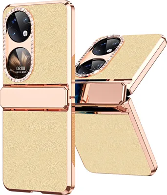 Produktbild von Handyhülle für Huawei P50 Pocket, Scharnierschutz, Luxus Galvanisierter Litschi Glänzender Diamant Schutzhülle Gold