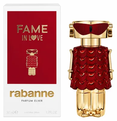 Image de Rabanne Fame In Love Parfum Elixir, Femmes, 50 ml, Flacon rechargeable, Basilic, Mandarine verte, Fraise, Encens, Iris, Jasmin, Patchouli, Vanille