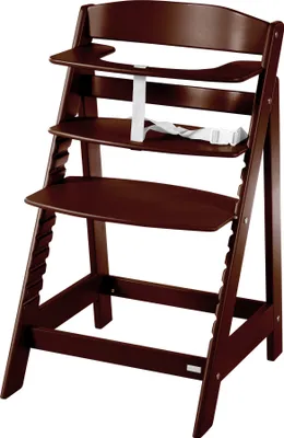 A dark brown wooden high chair with three adjustable shelves and a white safety strap.