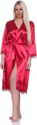 Produktbild von Damen Morgenmantel Kimono Satinrobe mit Spitze; Weinrot/2XL