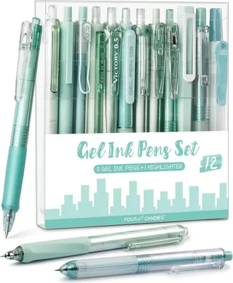 Produktbild von 12er-Pack Gelstifte & Textmarker Set für Schule & Büro - Aesthetic Gel Pens - Grüner Schaft