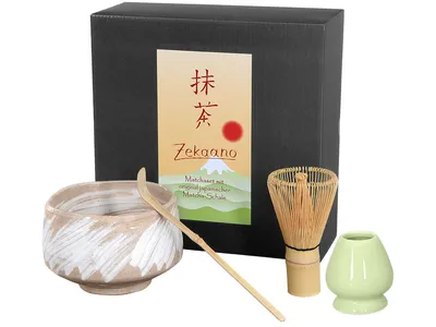 Produktbild von Matcha Set / Matchaset mit original japanischer Matcha Schale 500ml, beige/weiß, mit Besen/Löffel und Halter in Geschenkbox