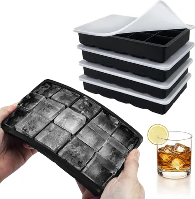 Immagine prodotto di Stampo per cubetti di ghiaccio - 4 pezzi - In silicone con coperchio - 60 vani - Contenitore grande per cubetti di ghiaccio, ideale per whisky e cocktail - Senza BPA - Inodore e a prova di perdite
