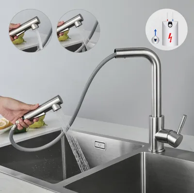 Produktbild von Niederdruck-Ausziehbar Küche Wasserhahn Mischbatterie, Küchenarmatur mit Brause Zwei Wasserstrahlarten Gebürstete Küchenarmaturen
