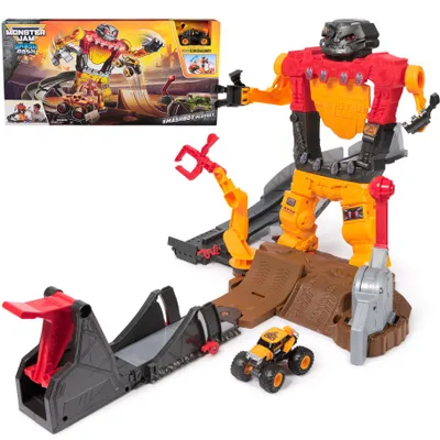 Immagine prodotto di Monster Jam Smash & Bash SmashBot con lanciatore, esclusivo monster truck in scala 1:64, robot riparabile di 38,1 cm, giocattolo per bambini e bambine a partire dai 3 anni di età