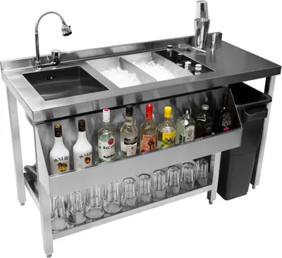 Zdjęcie produktu dla Bar koktajlowy, stacja barowa, blat barowy, bar koktajlowy, stanowisko pracy, powierzchnia robocza, kran z baterią mieszającą obracany o 360 stopni, shaker w zestawie, stal nierdzewna, gastronomia, profesjonalny