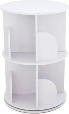 Obrázek produktu pro Otočná knihovna – 2 police – otočná o 360° – 40 × 40 × 60 cm – nosnost 100 kg – volně stojící – stohovatelná – kompozitní deska z PVC a dřeva – bílá