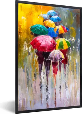 Produktbild von MuchoWow® Gerahmtes Poster Gemälde - Regenschirm - Öl 60x90 cm - Poster mit Schwarzem Bilderrahmen Wandposter Rahmen Foto Bilder - Kunst