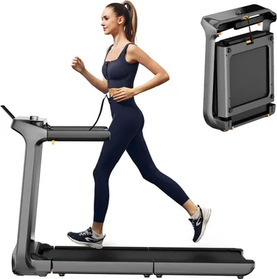 A woman is running on a treadmill, and a folded treadmill is shown in the upper right corner.