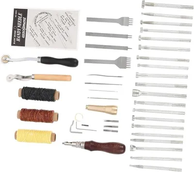Imagen del producto de Kit de herramientas de cuero que incluye un ahilandero de cuero, agujas de cuero para coser a mano, fabricadas en cuero y acero aleado, ideales para trabajos en cuero y encuadernación