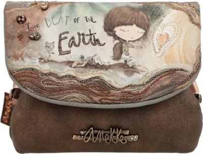 A close-up studio shot of a small brown handbag with a decorative flap.