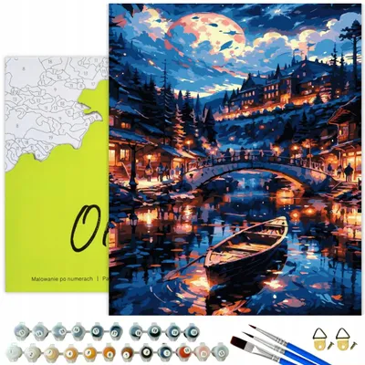 Produktbild von Malen nach Zahlen Set mit Rahmen 40x50 – „Boot und Mond“ – DIY Leinwand gespannt auf Holzrahmen, Acrylfarben Komplettset für Erwachsene und Kinder