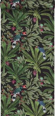 Produktbild von Walls4You Tapete tropische Dschungelblätter und Paradiesvögel Schwarz und Grün - 935332 - 0,53 x 10,05 m