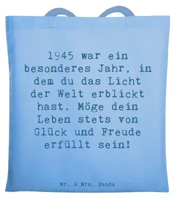 Produktbild von Mr. & Mrs. Panda Tote Bag Spruch 1945 Geburtstag - Sky Blue - Geschenk, Geburtstagsgeschenk, Geburtsjahr, handgefertigte Geschenke, Geburtstjahr, Jutebeutel, Alter, Leben