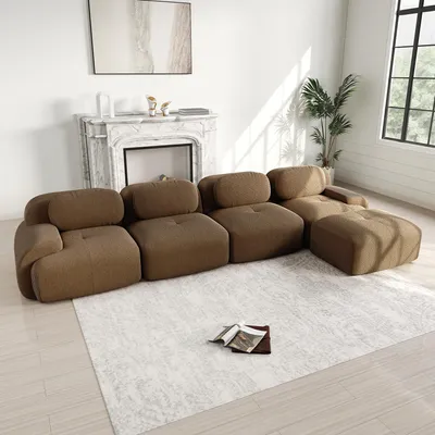 Zdjęcie produktu dla Sofa narożne, 4-osobowe, bez ram, wypełnienie z pianki 32D, z podnóżkiem, bardzo szerokie podłokietniki, nie wymaga montażu (brązowe)