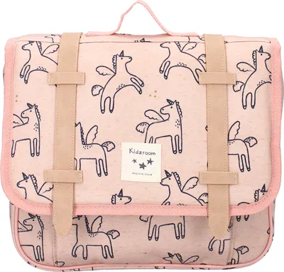 A pink satchel with a unicorn print.