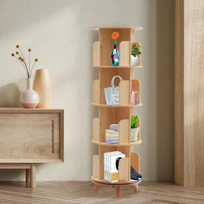 Produktbild von Drehbares Bücherregal - Bücherkarussell für Kinder - 360° drehbar - 4 Ebenen - Naturholz - Für Wohnzimmer/Arbeitszimmer/Kinderzimmer - Selbstmontage