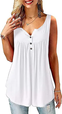 Image de ASKSA Débardeur femme sans manches col V T-shirt boutonné Tunique solide Blouse, Blanc, XXL