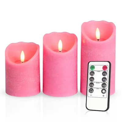 Produktbild von Meisterhome® 3er-Set Flammenlose LED Kerzen mit Timer Rosa Stumpenkerze Fernbedienung Batteriebetrieben Warmweiß echten Wachs Dekoration