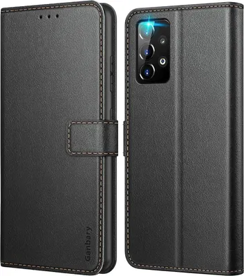 A black leather flip case for a Samsung Galaxy A52 phone is shown from two angles.