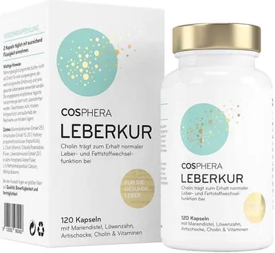 Produktbild von Cosphera Leberkur | 120 Kapseln | 8-Fach-Komplex mit Mariendistel, Löwenzahn, Artischocke, Cholin & Vitaminen | vegan