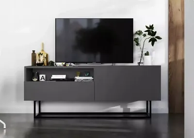 Produktbild von TV-Schrank Enjoy TV-Lowboard Loft Style Schwarze Metall Fußgestell Modern Lindner Möbel  120cm x 46cm x 35cm Farbe: Graphit matt - Graphit matt