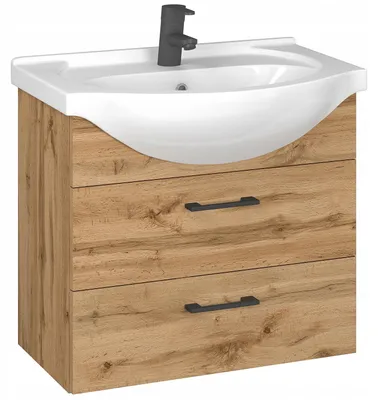 Produktbild von Badmöbel Set mit Waschbecken Keramik 60 cm ASPEN Waschtisch 4 Farbvariante Eiche Griffe Schwarz AM-ZET-243-NN