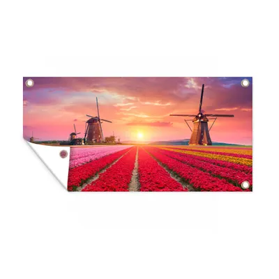Obrázek produktu pro MuchoWow® Zahradní plakáty - Květiny - Větrný mlýn - Tulipány - Západ slunce - Růžová - 100x200 cm - Zahradní dekorace