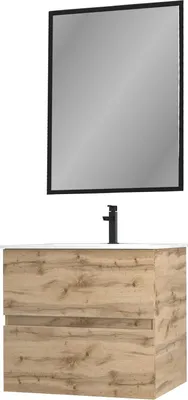 Image de Meuble salle de bain 60x54cm - Finition chene naturel + vasque blanche + miroir - TIMBER 60 - Pack09