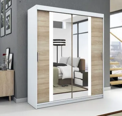 Produktbild von Schwebetürenschrank, 2-türig Schrank! Moderne Garderobe für Kleidung. Verschiedene Farben (Weiß, Schwarz, Somona) Kleiderschrank BRUNI  120 cm