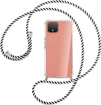 Produktbild von Handykette Backcover-Schutzhülle mit Band (Metall silberfarben) für Google Pixel 4 XL - schwarz/weiß gestreift
