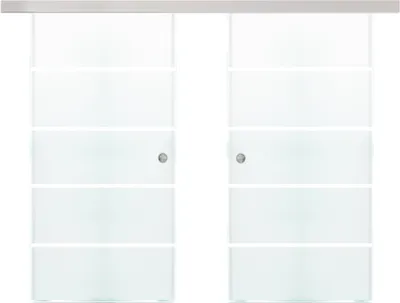 Two sliding glass doors with horizontal frosted stripes and silver handles, presented against a white background.