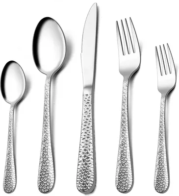 Produktbild von Besteck Set, 5-teilig Besteckset für 1 Personen, Edelstahl Gehämmertes Tafelbesteck, Essbesteck mit Messer Gabel Löffel für Familie Party Restaurant, Rundrandgriff & Spülmaschinengeeignet