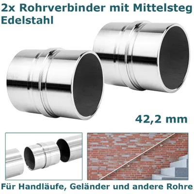 Obrázek produktu pro 2x spojka z nerezové oceli Spojka se středovou tyčí pro trubky o průměru 42,2 mm Nerezová tvarovka pro připojení zábradlí k balkonu V2Aox