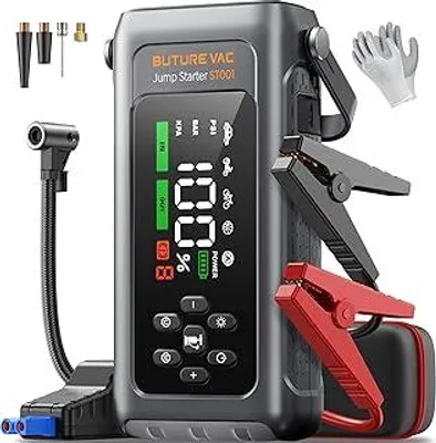 Produktbild von 5000A Starthilfe Powerbank mit 150PSI Kompressor, 12V Auto Starthilfe Powerbank für 12 V(Bis zu All Benzin und 9.0L Dieselmotor)?Booster Auto Starthilfe mit Taschenlampe, Zwangsstart, Handschuhe