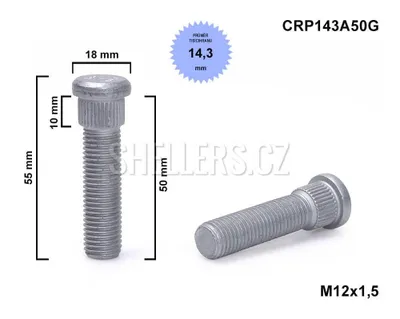 Obrázek produktu pro Kolový svorník - šteft M12x1,5x50 tisícihran průměr 14,3mm CRP143A50G délka 55mm