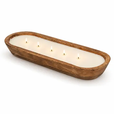 Imagen del producto de Vela perfumada alargada en recipiente de madera: vela de soja de lujo con 5 mechas, efecto crepitante de chimenea, vela de ambiente de gran tamaño