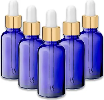Produktbild von 5x Blaue Glasflasche 30 ml mit goldener Aluminium-Pipette leer für Öl