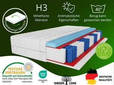 Produktbild von 7 ZONEN Taschenfederkernmatratze Premium 200X200 cm, Matratze Härtegrad H3, Höhe ca. 20cm, Farbe: Weiß, inkl. Bezug